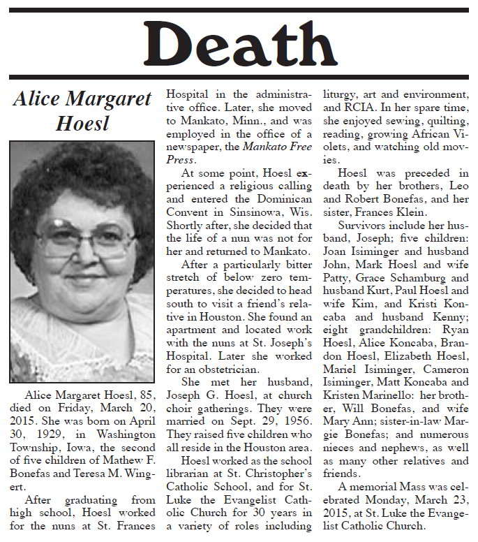 obituary in newspaper